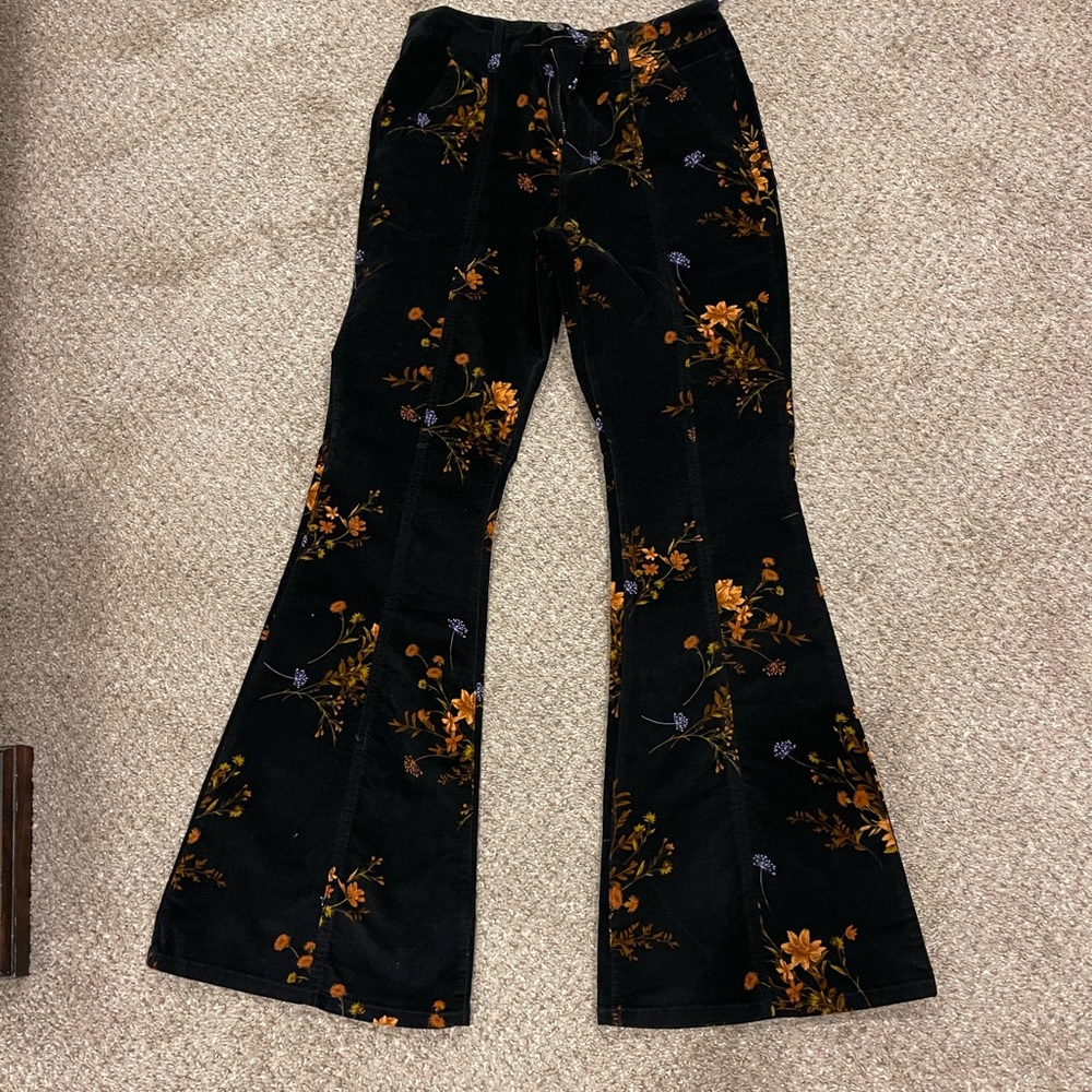 Black flower print bell bottoms